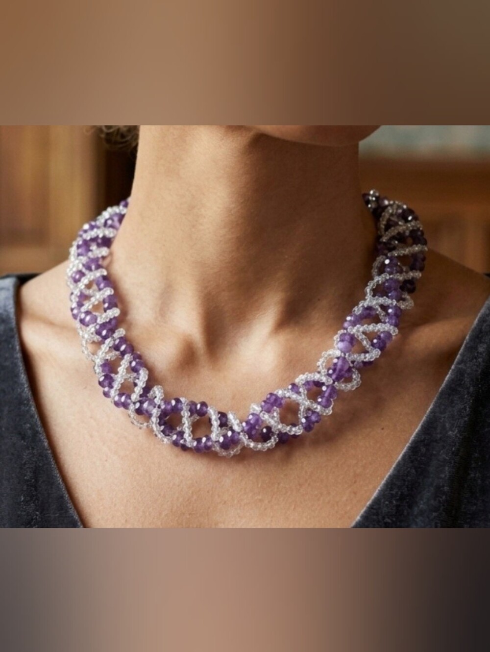 Amethyst And Clear Quartz Beaded Twisted Statement Sterling Silver Necklace.